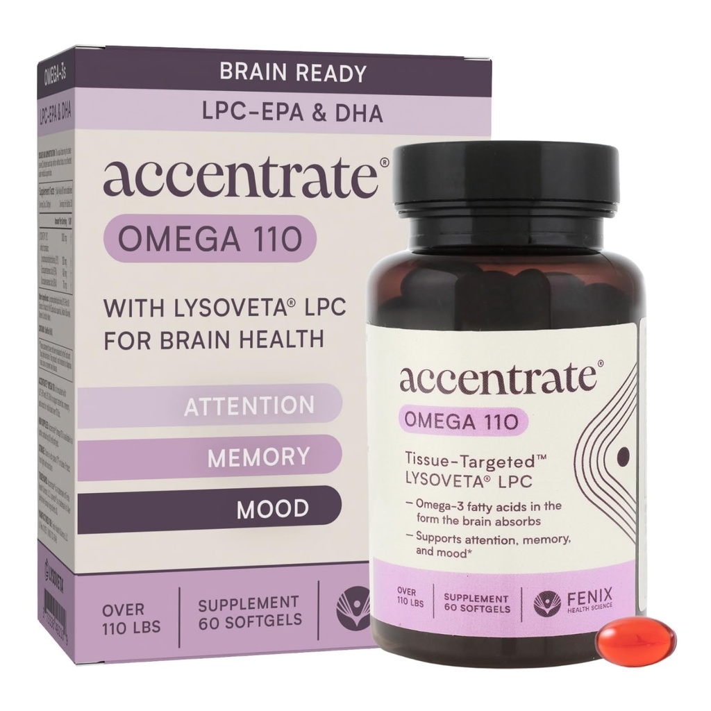 Omega 110 w/LYSOVETA LPC TENIDO EPA &amp; DHA Suplementos para Cerebro &amp; Retina Salud TEN Focus, Atención, Memoria, Mood &amp; Visión ANTE 6X Absorción Superior Que el Aceite de Pez Silencioso Omega-3 LPC-DHA