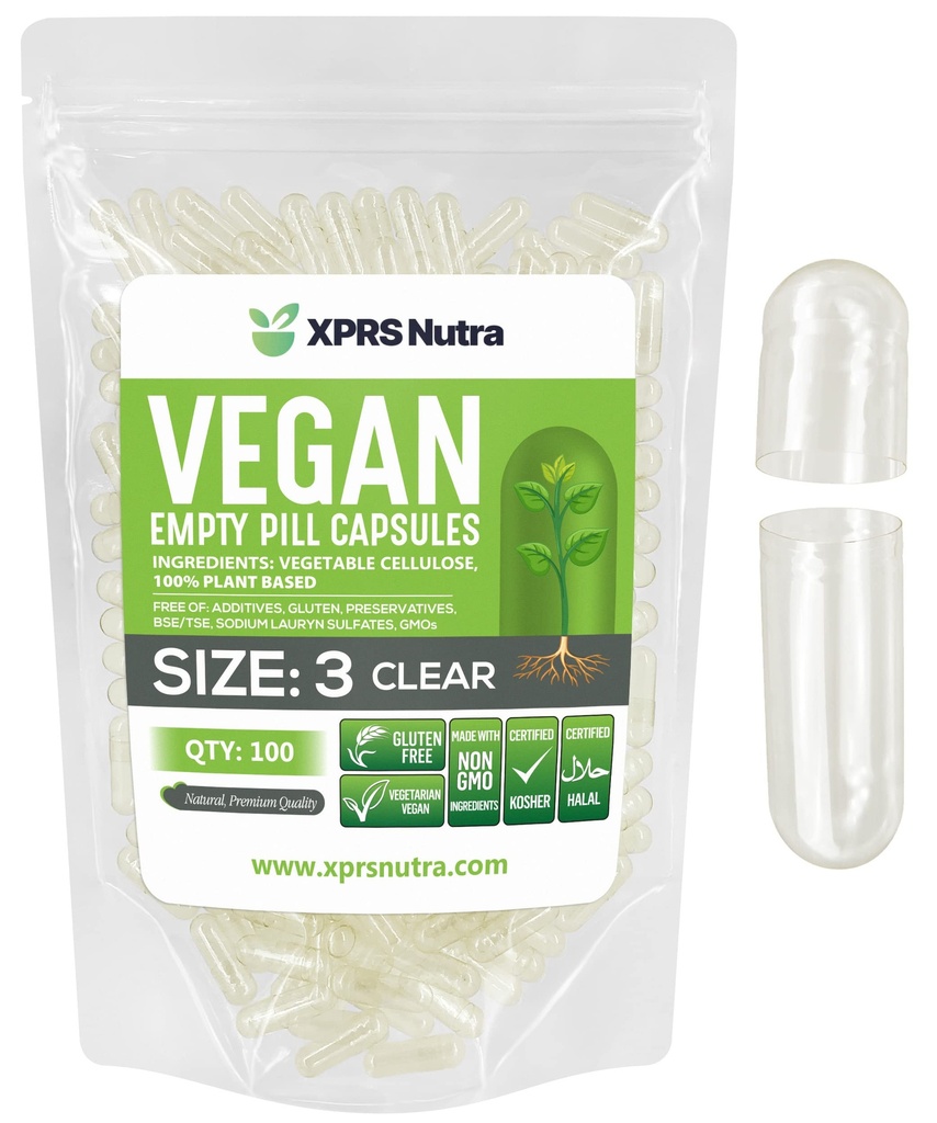 XPRS Nutra Size 3 Empty Capsules - 100 Cuentas Clear Empty Vegan Capsules - Vegetarian Pills - DIY Vegetable Capsule Filling - Veggie Pill Caps