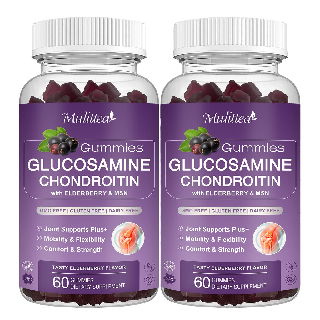 Mulittea Glucosamine Chondroitin Gummies - Extra Strength Joint Support Supplement with MSM " Elderberry for Natural Joint, Antioxidant Immune Support for Adults, Men " Women-(2 Pack)