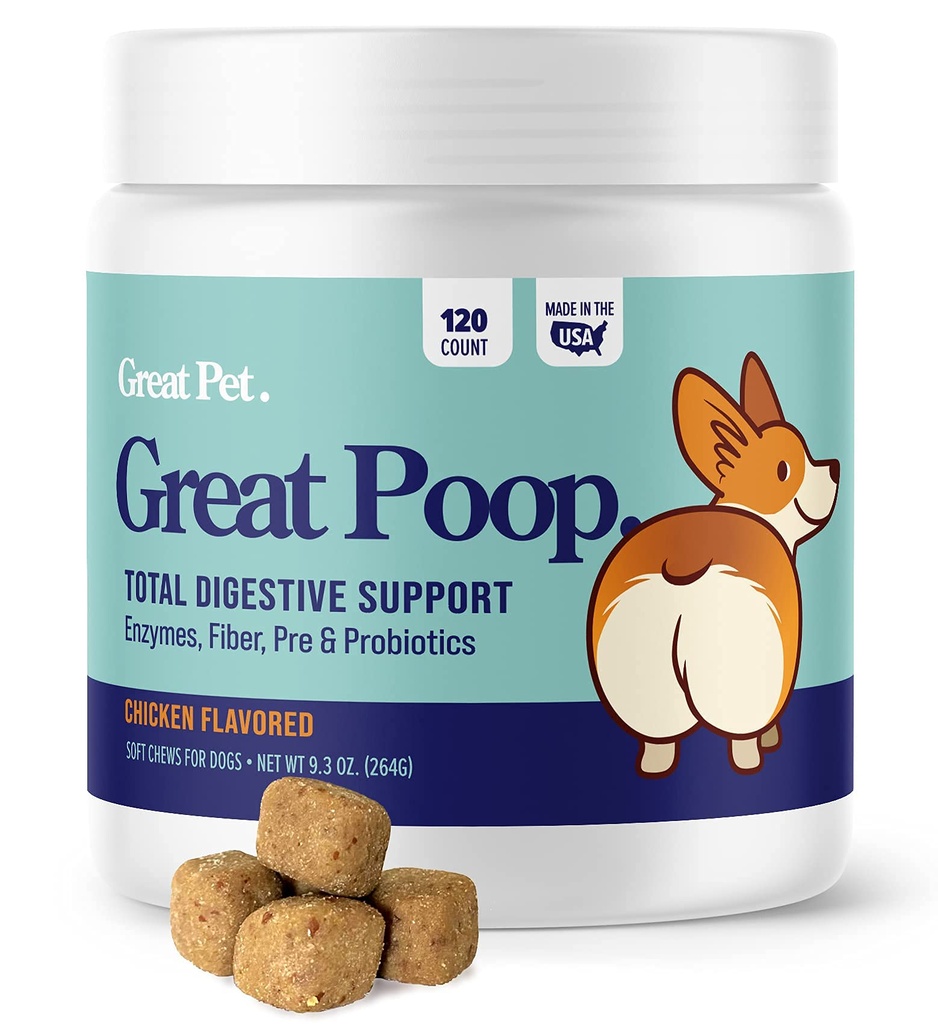 Grandes Probióticos de Poop para Perros - Fibra para Perros Suplemento con Probióticos Perros y Enzimas Digestivos para un Gut Saludable, Taburete Firme & Alivio de Diarrea - Chicken Flavored Mascotas suaves con Prebióticos