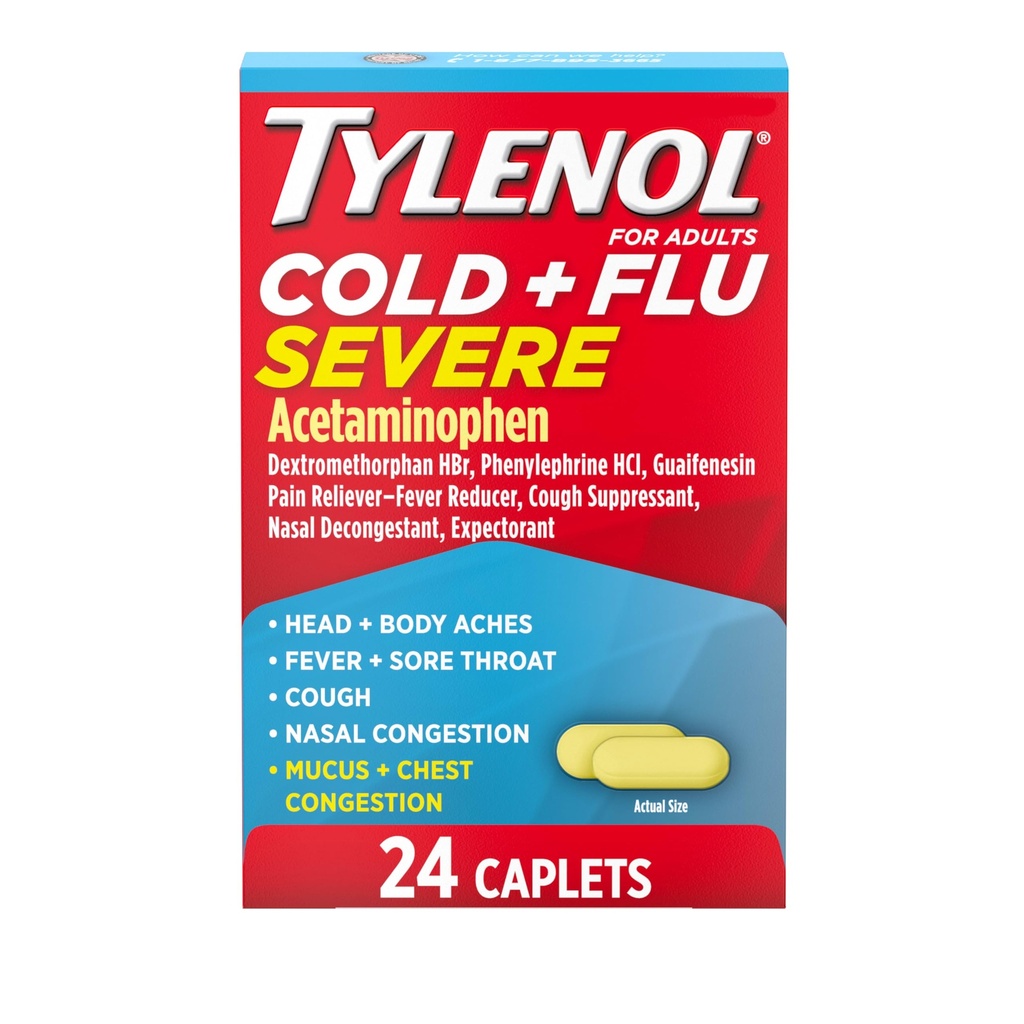 Tylenol Cold + cápsulas de medicina severa para fiebre, dolor, tos " Congestión, 24 ct.