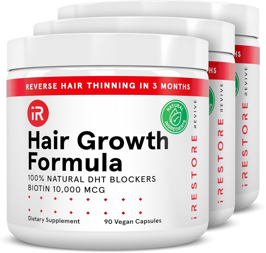 iRestore Hair Growth Supplement – Natural DHT Blockers &amp; Multivitamin Blend – Vegan, Non-GMO, 90 cápsulas – Soporta el cabello grueso, más fuerte para hombres y mujeres – 3-Pack