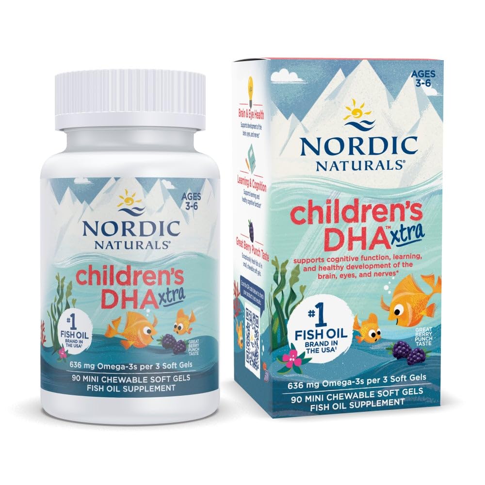 Nordic Naturals Niños DHA Xtra, Berry Punch - 90 Mini Chewable Soft Gels for Kids - 636 mg Omega-3s EPA & DHA - Función Cognitiva &amp; Inmunitaria, Aprendizaje, Desarrollo Social - No GMO - 30 Actuaciones