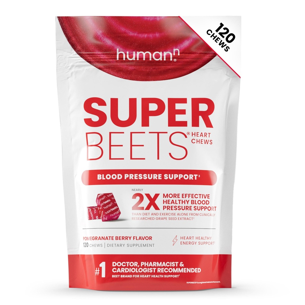 HumanN SuperBeets Heart Chews, Nitric Oxide and Blood Pressure Support, Grape Seed Extract " Non-GMO Beet Root Powder Energy, Pomegranate Berry Flavor, 120 Count