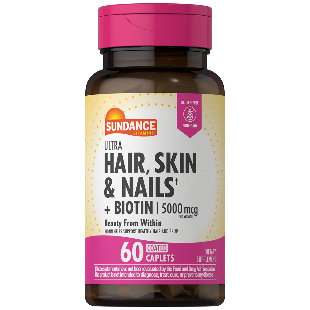 Sundance Hair, Skin & Nails Vitaminas TEN 5000mcg TEN 60 Coated Caplets TEN with Biotin and Collagen ← Non-GMO & Gluten Free Supplement