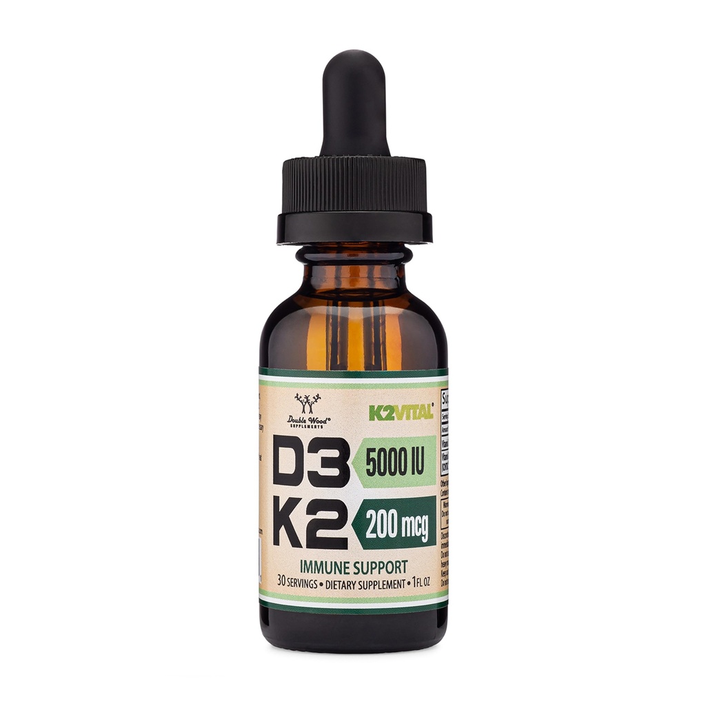 Vitamina D3 K2 5.000 UI gotas líquidas (5.000 UI de D3 y 200 mg de 99,9% All-Trans Patented K2 MK-7 (K2Vital) Max Absorption Liquid Vitamin D Drops (30 Servings) de Madera Doble