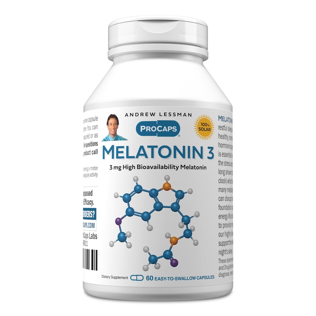 ANDREW LESSMAN Melatonin-3 mg - 60 Capsules - Physiologically Balanced Levels to Naturally Promote Restful Sleep. Regulates Daily Circadian Rhythm. Facilitates Sleep. No Morning Hangover