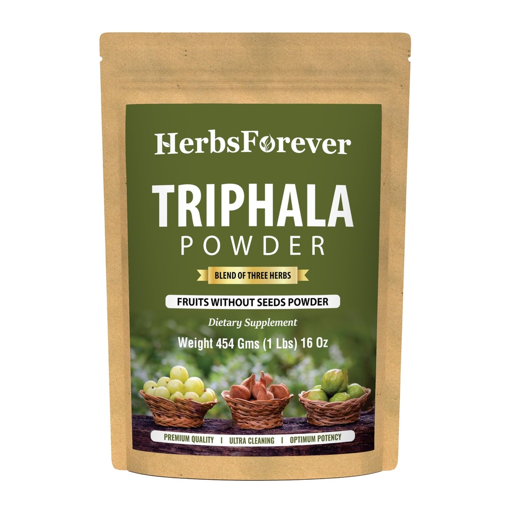 Herbsforever Triphala Churna Powder Formulación ayurvédica tradicional apoya la desintoxicación y rejuvenecimiento No GMO, Vegan 454 GMS