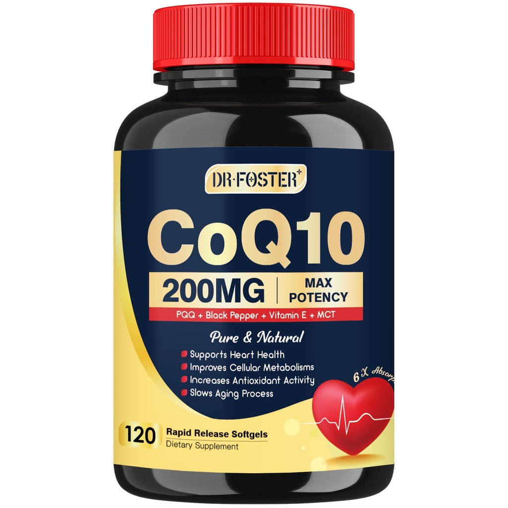 DRFOSTER Coq10 200mg, Coenzyme Q10 para la producción de energía antioxidante, 6X Absorción superior Cq10 con vitamina E " PQ " Black Pepper Extract, Co q 10 Suplemento 120 Servings