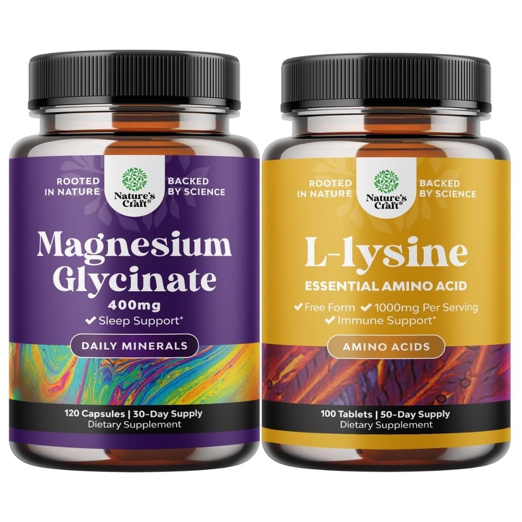 Bundle of Magnesium Glycinate Capsules for Women &amp; Men for Mood and Relaxation and L-lysine Essential Amino Acids for Eye Health Lip Care Bone Support Immune System Support Muscle Growth