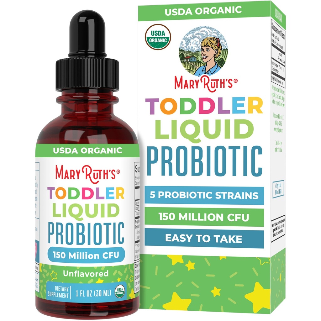 MaryRuth Organics Cocomelon Toddler Probiotic Liquid Drops ← Kids Probiotics for Ages 1-3  5 Probiotic Strains ← 150 Billion CFU Per Serving  durable USDA Organic ← Sugar Free ← Gluten Free ← 1 Fl Oz
