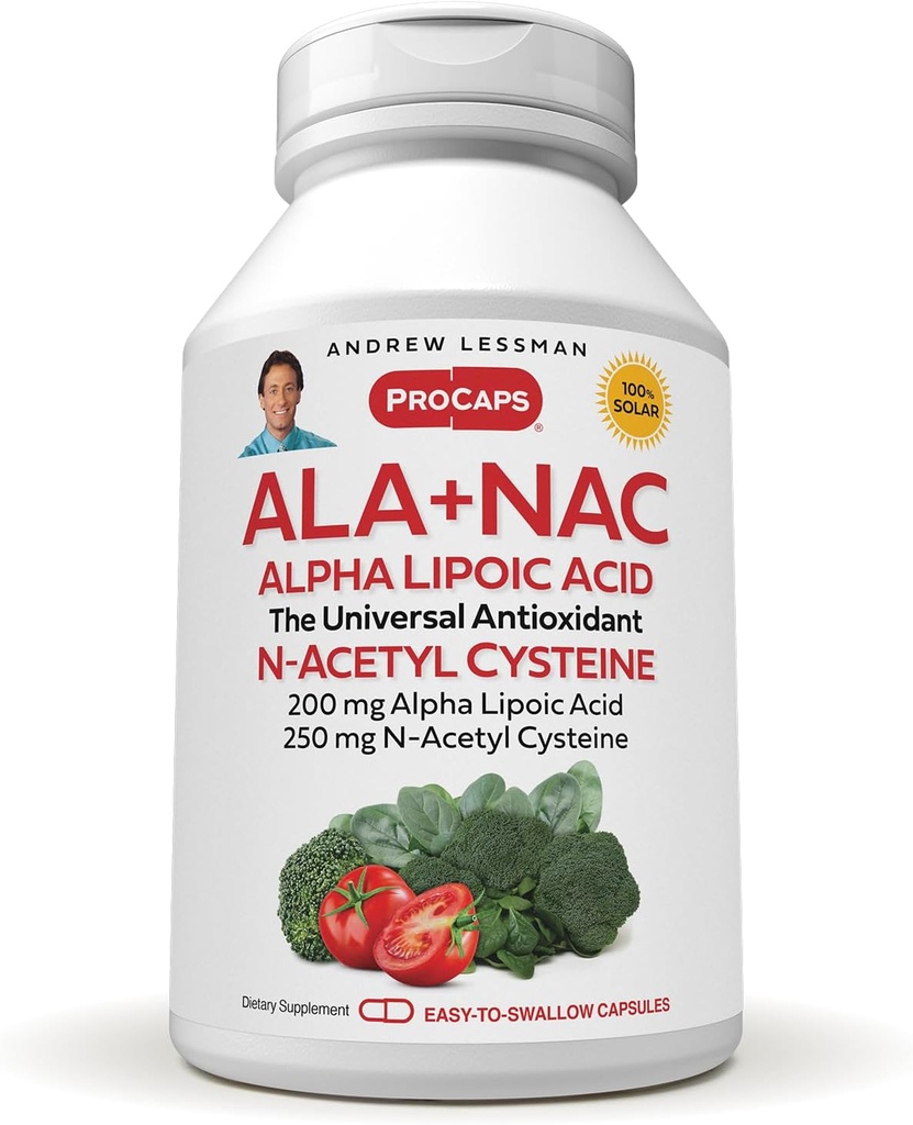 ANDREW LESSMAN ALA + NAC Alpha Lipoic Acid with N-Acetyl-Cysteine 180 Capsules - Ultra-High Potency, Anti-Oxidant Support for Nervous System, Heart, Brain, Liver, Kidneys, Lungs, Energy. No hay aditivos