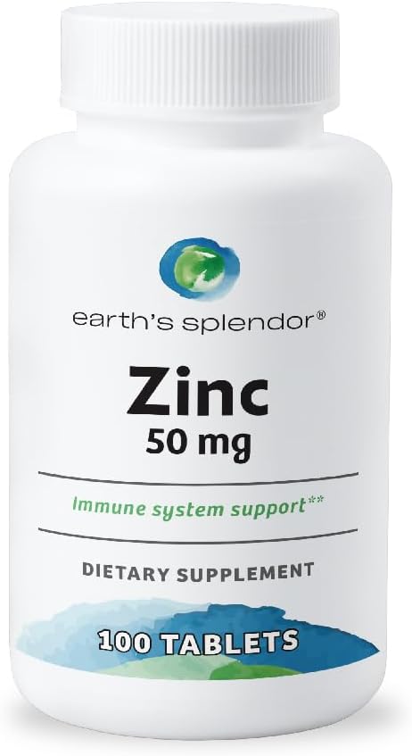 Suplementos de Apoyo a la Inmune de Esplendor de la Tierra, con Zinc 50mg, ayuda a mantener la salud de la piel, sin trigo, sin color artificial o sabor, suplementos minerales para hombres &amp; mujeres (100 tabletas)