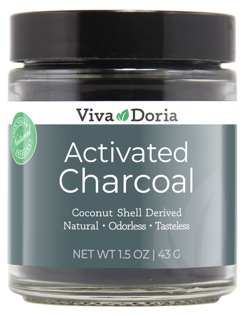 Viva Doria Virgin Activado Pólvora de carbón, Cacahuete Derivado, Grado de alimentos, 1,5 Oz Jarrón de vidrio