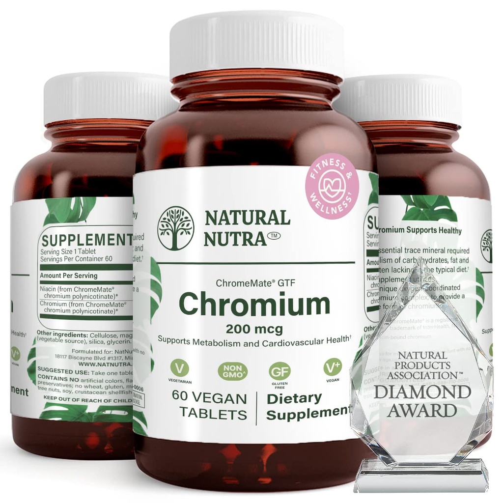 Natural Nutra GTF Chromium Polynicotinate con ChromeMate, apoya el metabolismo corporal, promover la salud corporal, la salud cardiovascular 200 mcg, 60 tabletas Vegan