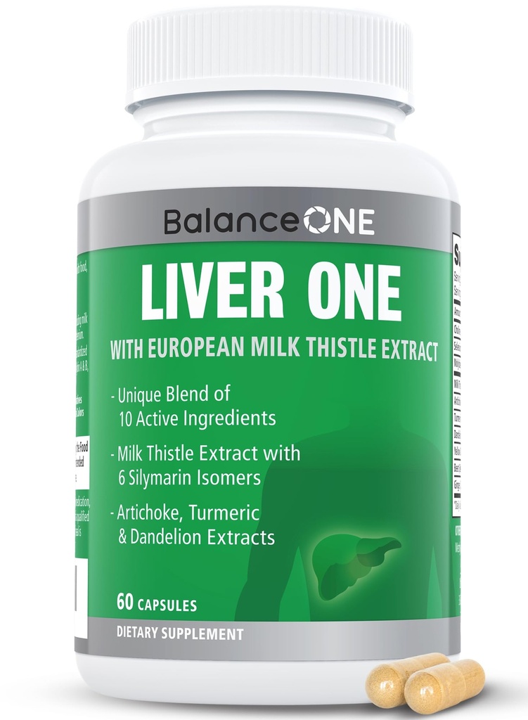 Balance ONE Liver Support Suplemento con Leche Thistle Extract, Dandelion Root & Molybdenum – Natural Liver Cleanse, Repair " Detox for Men " Women - Vegan Capsules, 1 Mes de Suministro - Liver One