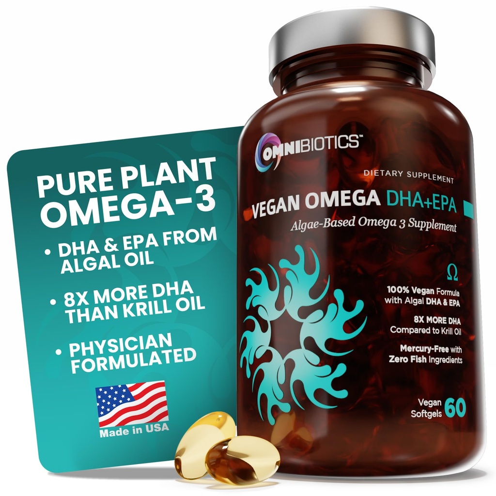 OmniBiotics Vegan Omega 3 DHA EPA Suplemento – MD-Certified Prenatal Supplement with 8X Más DHA Than Krill Oil, Fish-Free, Non-GMO – 60 Vegan Capsules