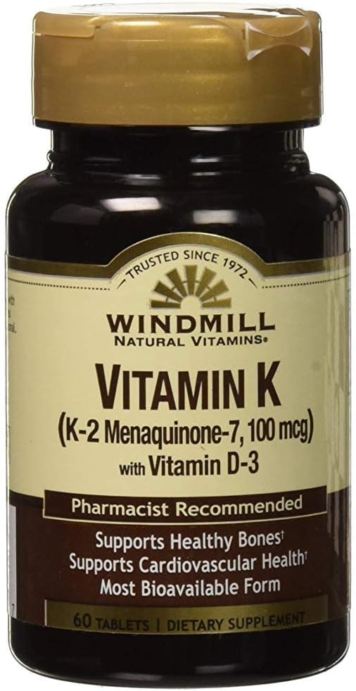 Vitaminas naturales de molino de viento Vitamina K (K-2 Menaquinone-7, 100mcg) 60 Tablas (Pack of 1)