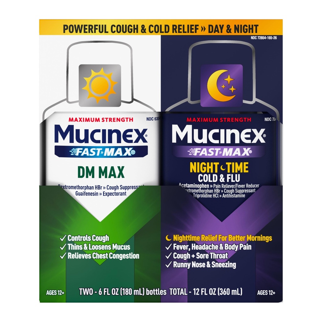 Maximum Strength Mucinex FastMax DM Max &amp; Mucinex Nightshift Cold & Flu Liquid (2 x 6 fl. oz.) Tos &amp; Loosens Mucus, Alivios Tos > Congestión de pecho, Dolor, Fiebre, Sneezing, Sore Throat, Runny Nose