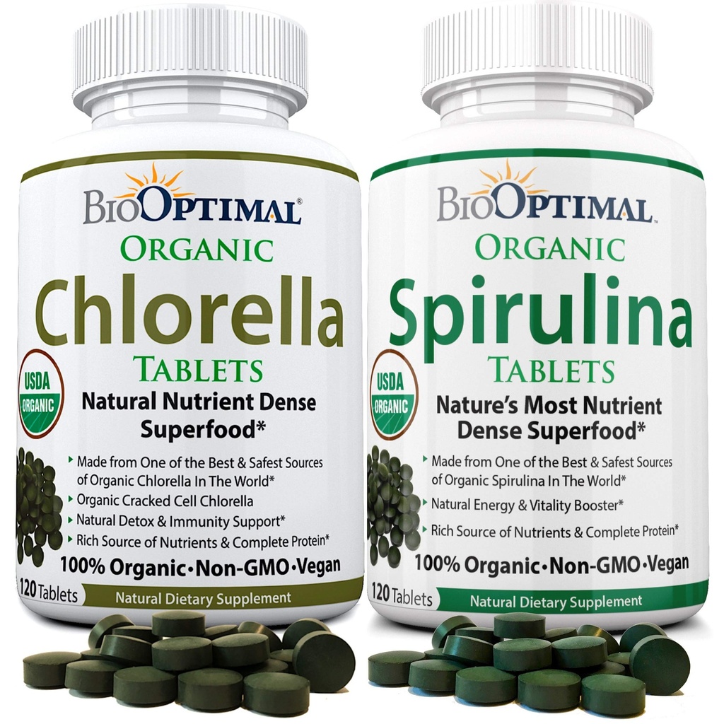 BioOptimal Chlorella Spirulina - Bundle - Organic Chorella Tablets & Organic Spirulina Tablets, 120 Cuenta Cada, Premium Quality 4 Certificaciones Orgánicas