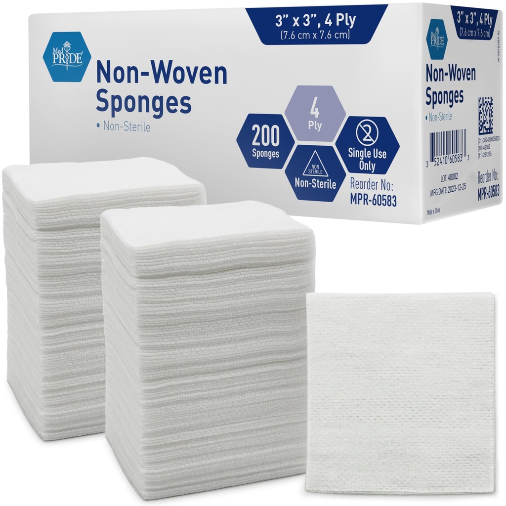 MED PRIDE 3x3 en Gauze Pads 200 Pack, Nonsterile, 4 Ply, Bandas de malla no adherentes, Absorbent Wound Care Dressing Sponges