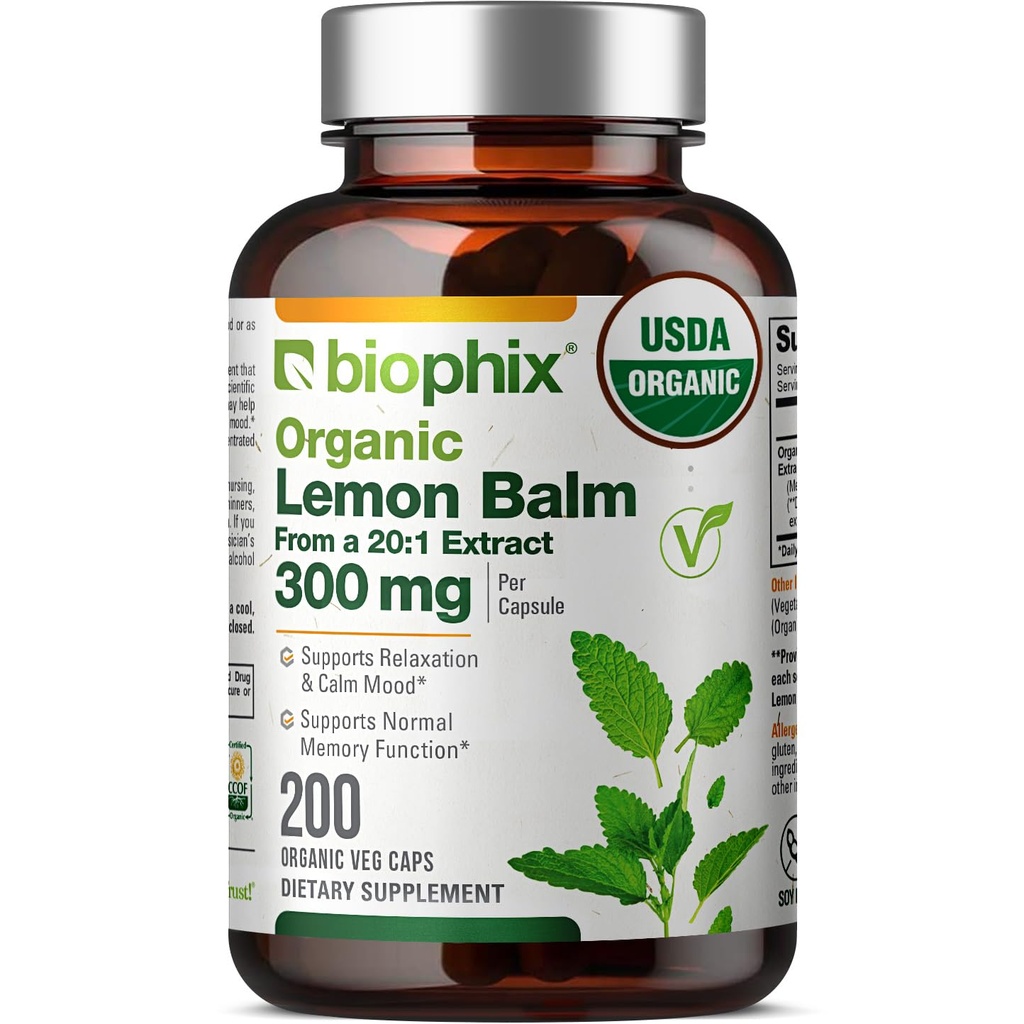 biofix Lemon Balm Capsules USDA Organic 20:1 Extracto 300 mg 200 Veggie Caps - Cognitive Health Stress Sleep Mood Support Natural Herbal Supplement