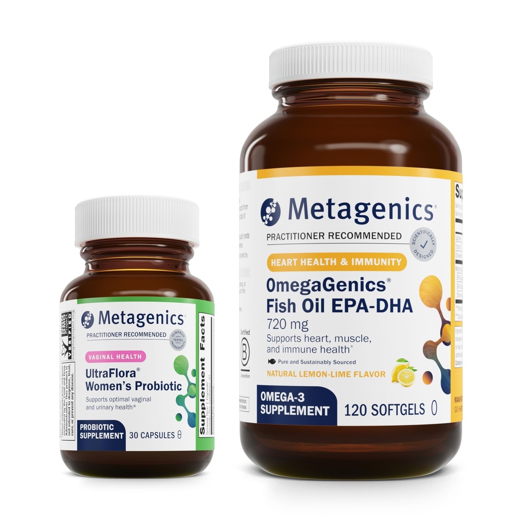Colcha metagénica - UltraFlora Mujeres &amp; OmegaGenics EPA-DHA 720-30 Conde de Mujeres UltraFlora para la Salud Vaginal - 120 Softgels de EPA-DHA 720 para el Corazón, Musculoesquelética, Salud Inmune