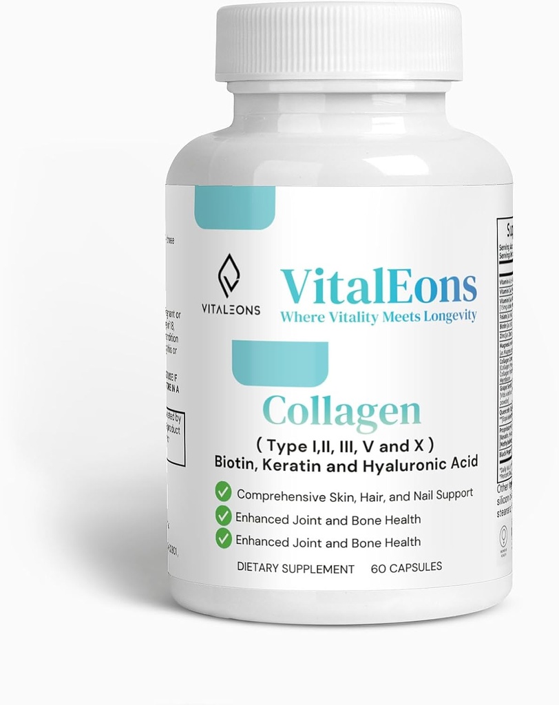 Collagen Hair, Skin and Nail Supplement for Women - Tipo I, II, III, V, X, Collagen Capsules Mejorado con Biotina, Keratin & Hyaluronic Acid - Skin Integral, Hair &amp; Nail Support