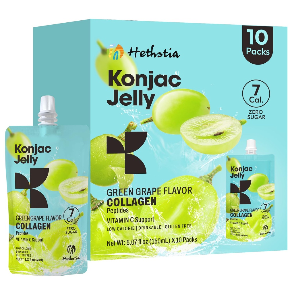 Hethstia Konjac Jelly Green Grape Flavor, 10 Pouches, Bebable Grape Jelly with Collagen Peptides, 7 Kcal, Sugar Free, Gluten Free, Keto, Vegan, On-The-Go Chewy Light Snacks