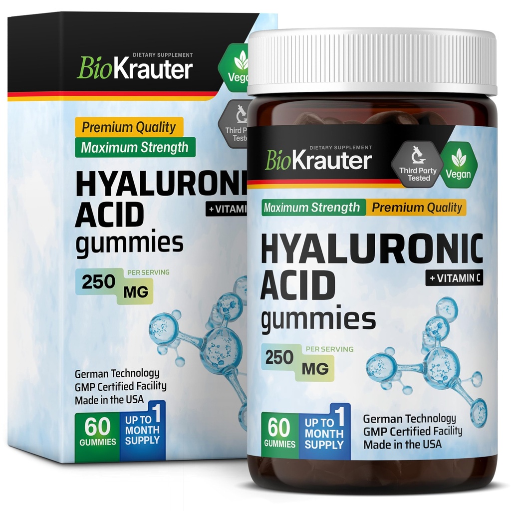 BIO KRAUTER Hyaluronic Acid Gummies w/Vitamin C - 250 mg - 60 Chews Vegan - Suplementos de ácido hialurónico - Pectin-Based