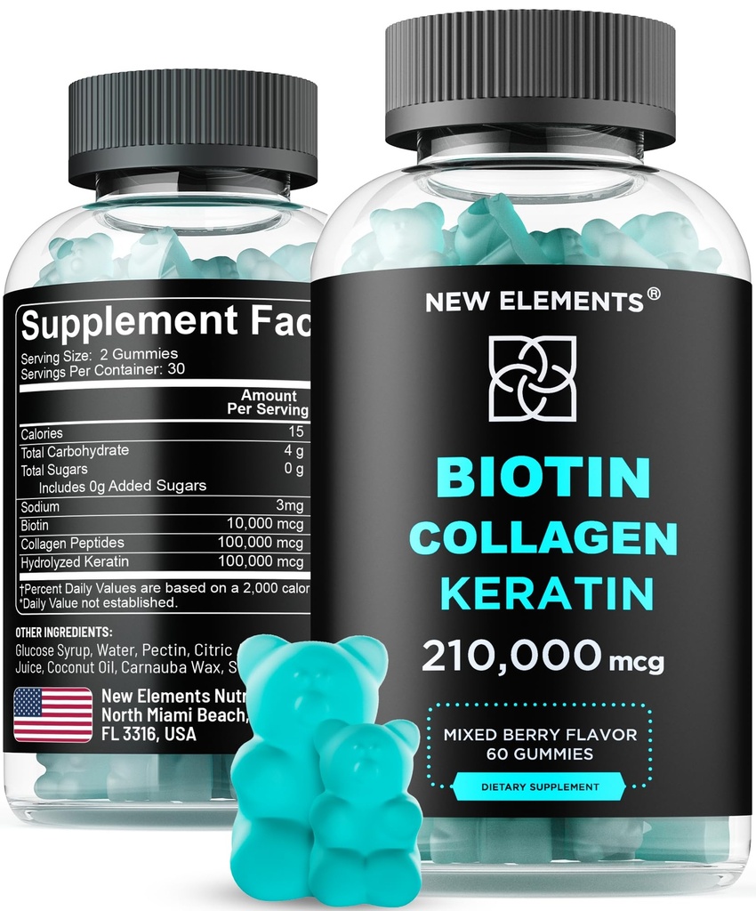 Biotin Gummies with Keratin & Collagen Peptides - Suplemento avanzado para el tratamiento del crecimiento del cabello para hombres y mujeres piel y uñas Vitaminas – Biotina 10000mcg