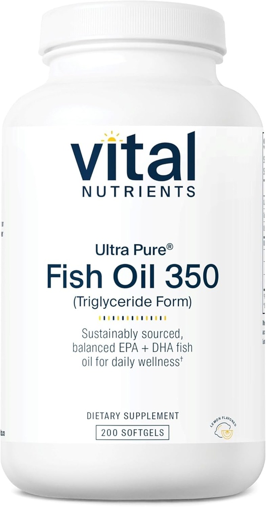 Vital Nutrients Ultra Pure® Fish Oil 350 ← Soporta Corazón, Cerebro, &amp; Salud Inmunitaria* ← EPA sostenible &amp; DHA Omega-3 Fatty Acid ← Lemon Flavor ← Gluten, Dairy, Soy Free ← 200 Softgels