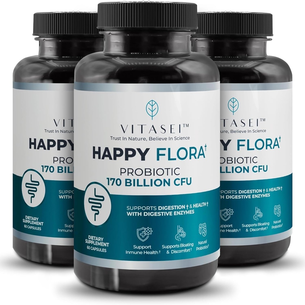 VITASEI Happy Flora, Probiotic Supplement 170 Billion CFU for a Healthy Gut Health with enzimas for Digestion, probiotics for Women and Men, 3 Bottle - 180 Capsules