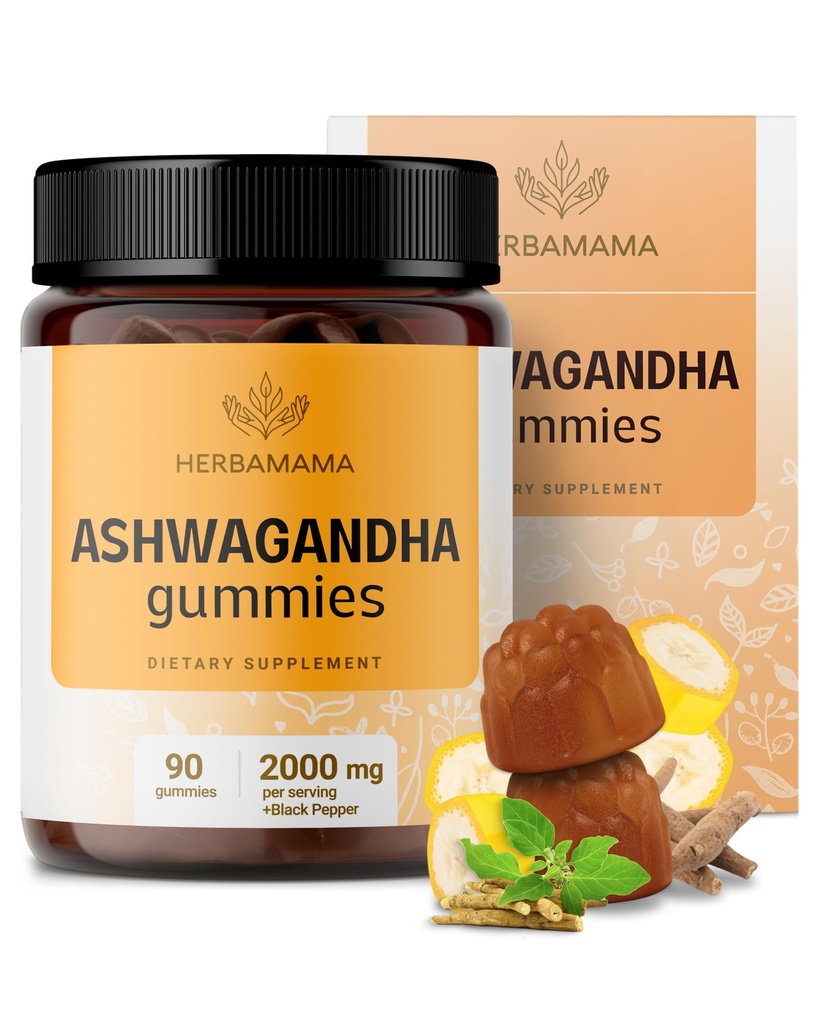 HERBAMAMA Ashwagandha Gummies - 2000mg Pure Ashwagandha Root with Black Pepper for Calm & Mood Support - Vegan, Non-GMO Suplementos de calma para adultos - 90 Pectin-Based Banana-Flavored Chews