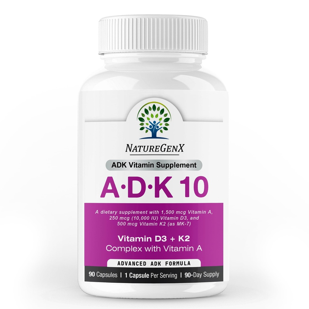 ADK10 – ADK Vitamina Suplemento TENIDO High Potency Vitaminas A, D3 (10.000 UI) & K2 MK-7 para Bone, Heart &amp; Immune Health TEN 90 Tiny Capsules ← 3 Month Supply TENIDO NO GMO, Gluten Free