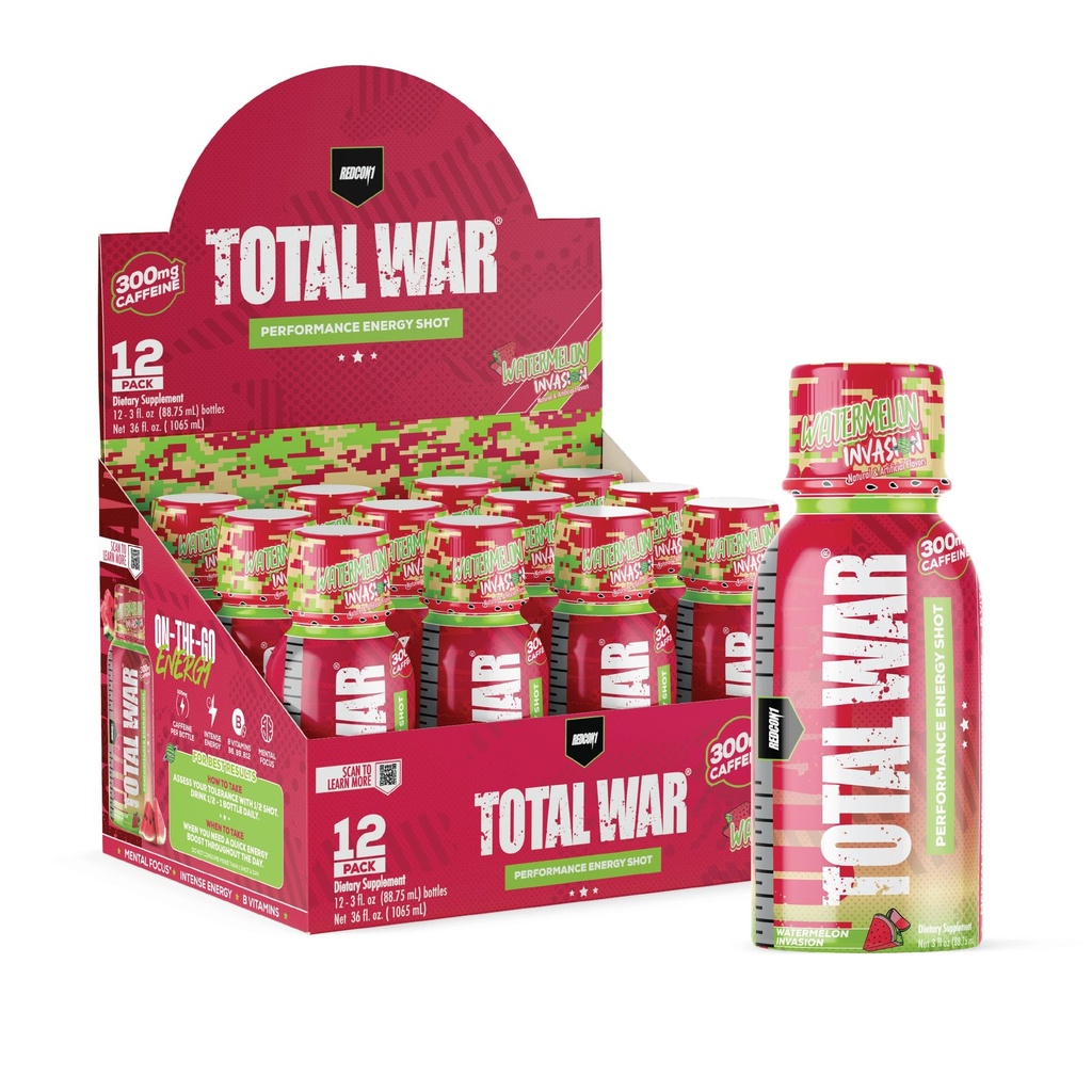 REDCON1 Total War Pre Workout Energy Shots - 300mg Caffeine Shots with B Vitamins & 0 Sugar - Long-Lasting Energy Shot for Focus Support - Fuel Your Workout or Workday - Watermelon Invasion (12 Conde)