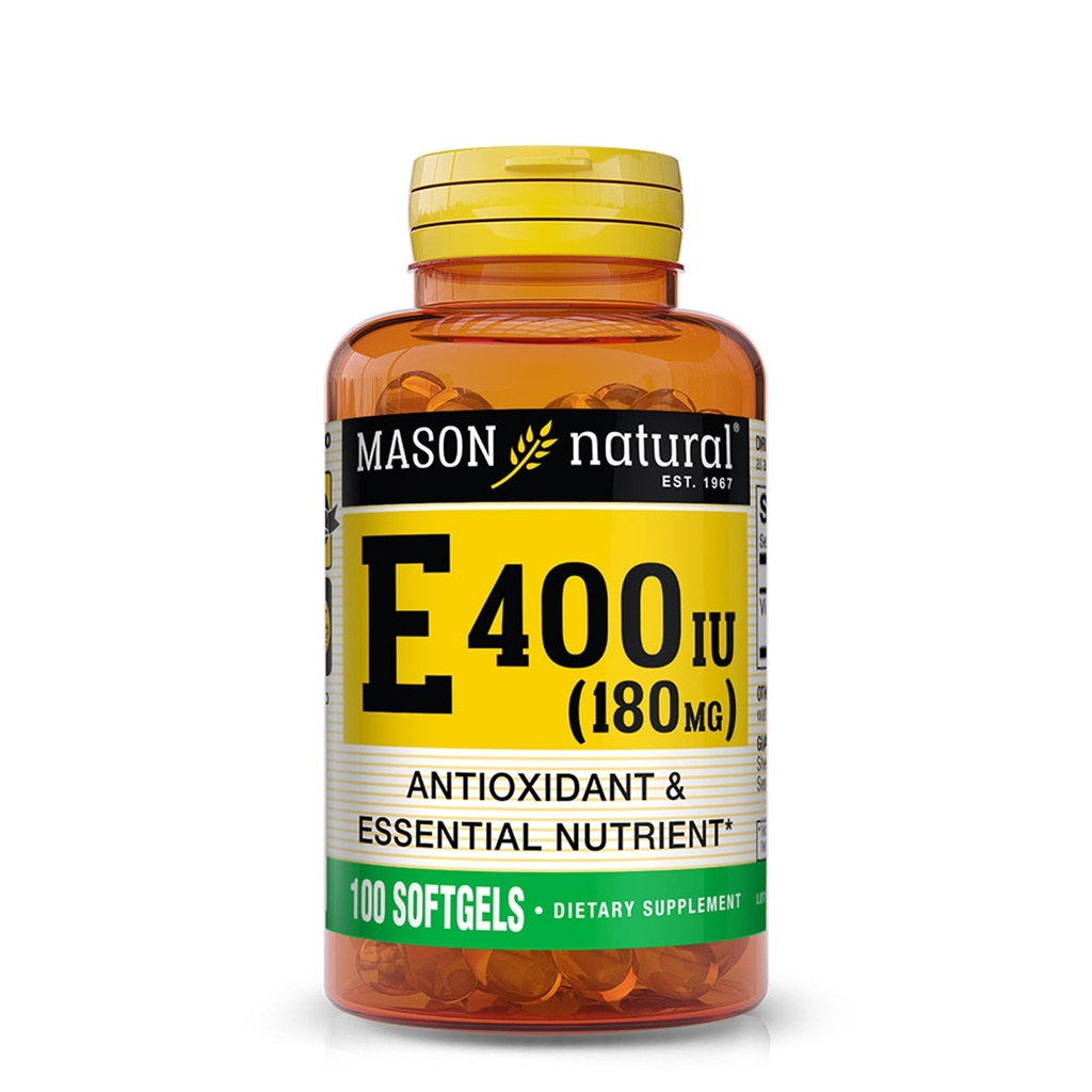 MASON NATURAL Vitamina E 180 mg (400 UI) - Antioxidante y Nutriente Esencial, Sistema Inmunitario Saludable, Esquía y Ojos, Suplemento Corporal completo, 100 Softgels