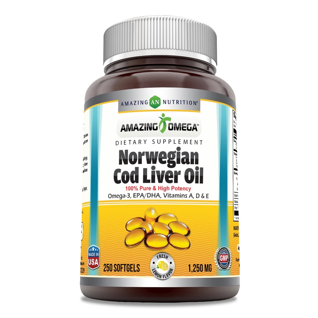 Increíble Omega Norwegian Cod Liver Oil 1250 Mg Softgels Suplemento Ø Omega-3, EPA, DHA, Vitamina A, Vitamina D &amp; Vitamina E (Orange tención 250 Conde)