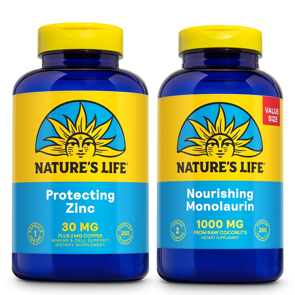 La vida de la naturaleza Nutrir Monolaurin 1000mg 250ct y proteger el cinc Picolinate 30mg 250ct - Gut Health and Immune Support Suplementos - Monolaurin from Raw Coconuts, Chelated Zinc - 60-Day Guarantee