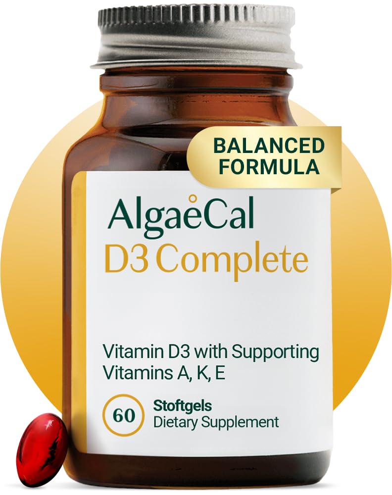 ALGAECAL 4-en-1 Vitamina D3 K2 Completa - ADK Suplemento de vitaminas, soporte de inmunológico mejorado " Bone Health with D3 K2, A, " E - Whole Body Wellness " Bone Strength, 60 Easy-Swallow Softgels, Made in USA