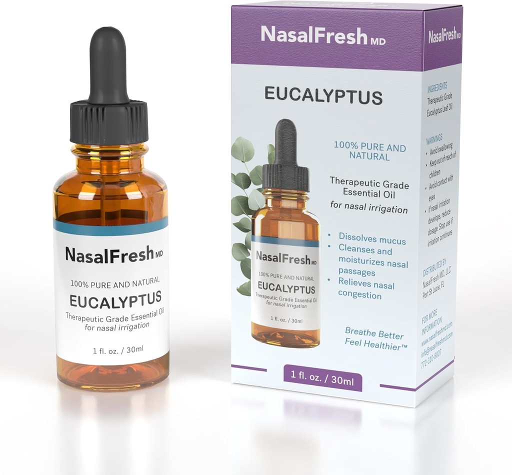 NASALFRESH MD - Aceite Esencial de Eucalipto - Riego de Nasal - Alivio de Congestión - Aditivo de lavado Nasal - Aceite Esencial de Alto Grado - Limpia &amp; Moisturiza Pasajes de Nasal - 1oz