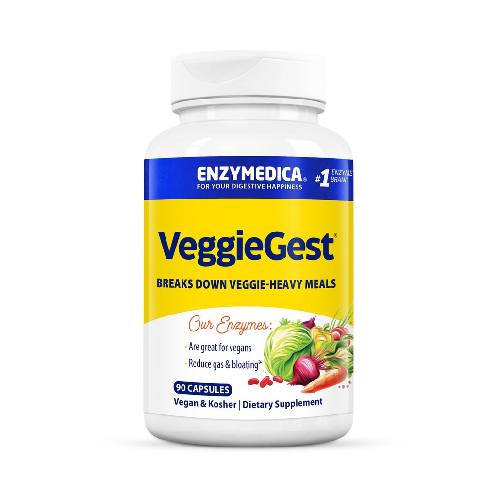 Enzymedica, VeggieGest, Enzymes Digestivos, soporta Gas ocasional &amp; Bloating Relief from High Fiber Meals, for Vegan &amp; Vegetarian Diets, Enzyme Blend for Digestive Health, 90 Count