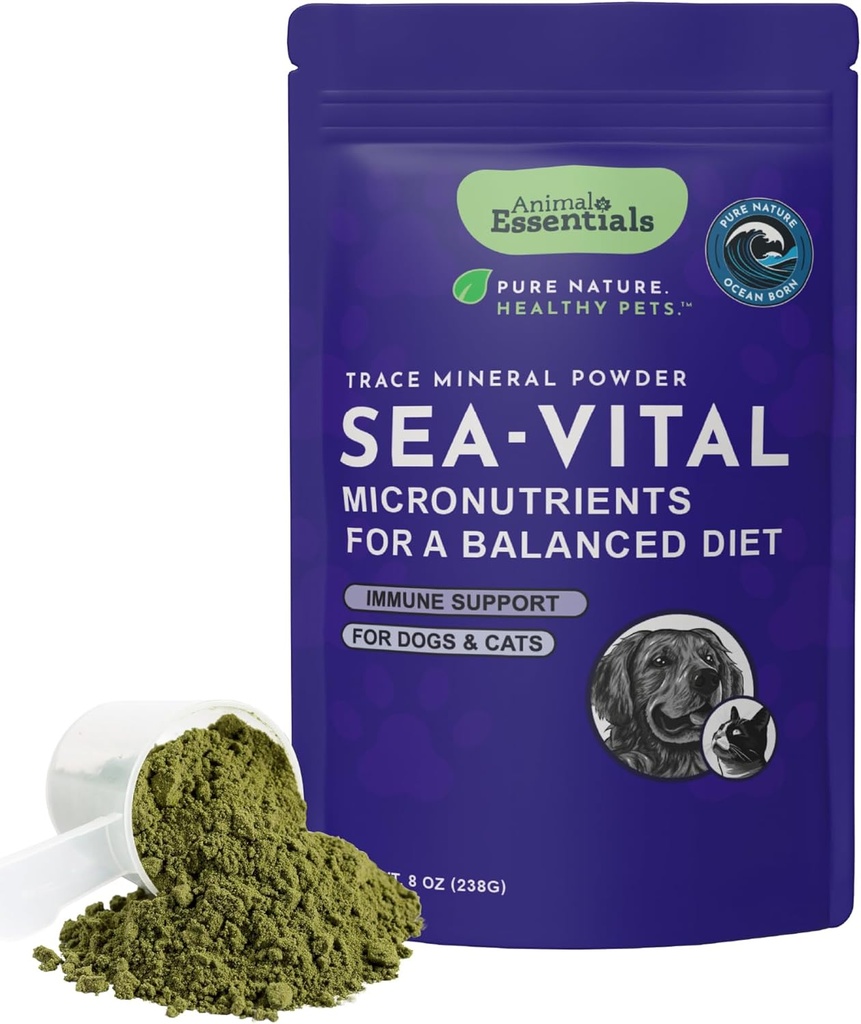 Esenciales animales Kelp de océano para perros &amp; gatos - Tiroides, suplemento de tiroides, mosqueta de mar, minerales de rastro, veterinario recomendado - 8 oz