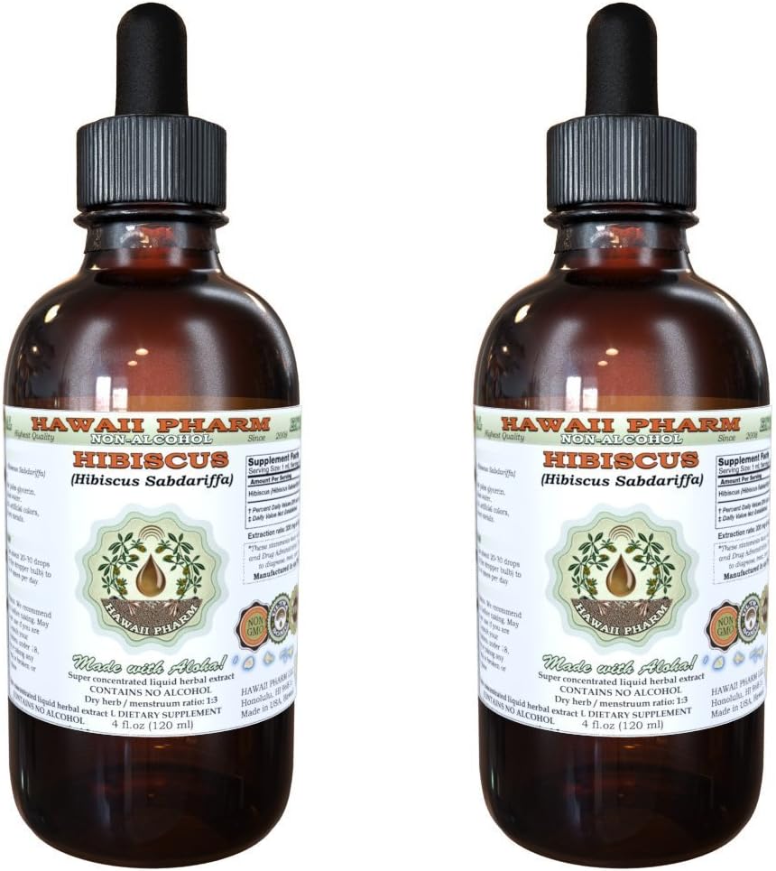 Extracto líquido libre de alcohol, Hibiscus orgánico (Hibiscus Sabdariffa) Flor seca Glicerita Hawaii Pharm Natural Herbal Suplemento 2x2 oz