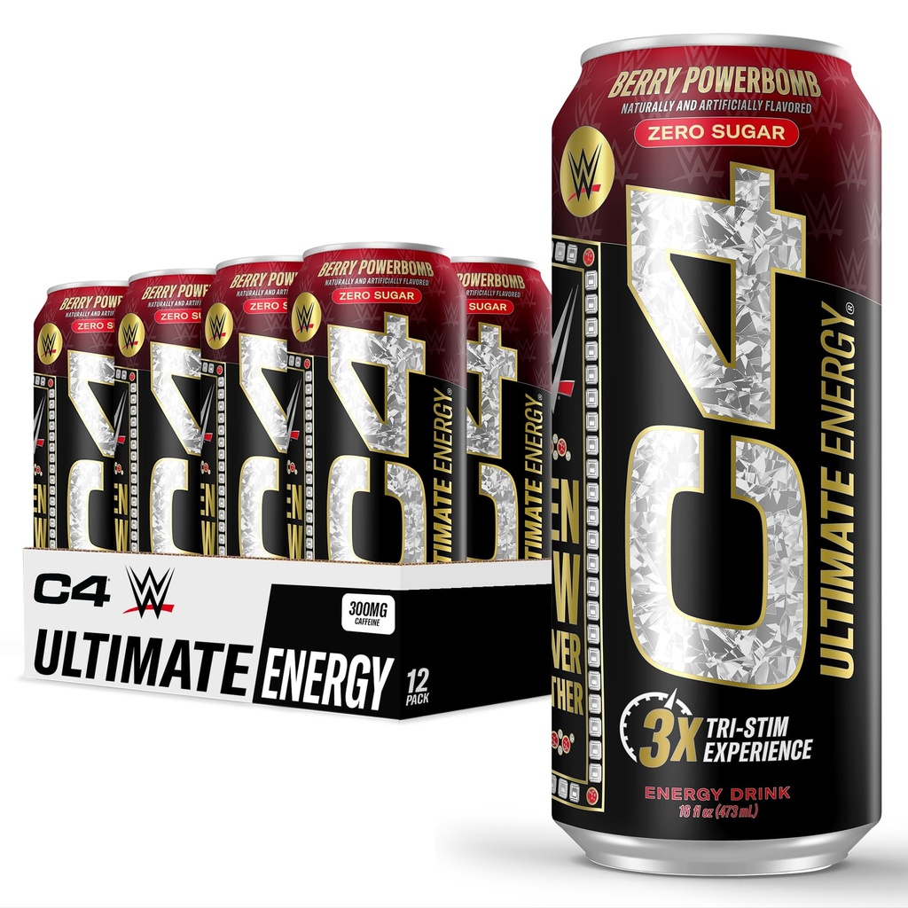 Cellucor C4 Ultimate x WWE ← Pre Workout Sugar Free Energy Drink ¦ Tri-Stim Experience with 300mg Caffeine + TeaCrine + Dynamine ← Berry Powerbomb ← 16oz (Pack of 12)