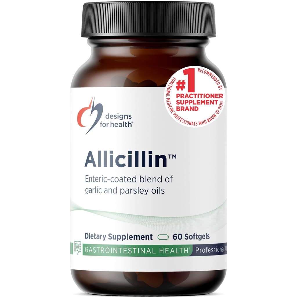 Designs for Health Allicillin - Suplemento de Allicin con 200mg Aceite de ajo + Parsley Oil - Píldoras de ajo con potentes sulfuros - Enteric Coated to Help Reduce Odor, Non-GMO (60 Softgels)