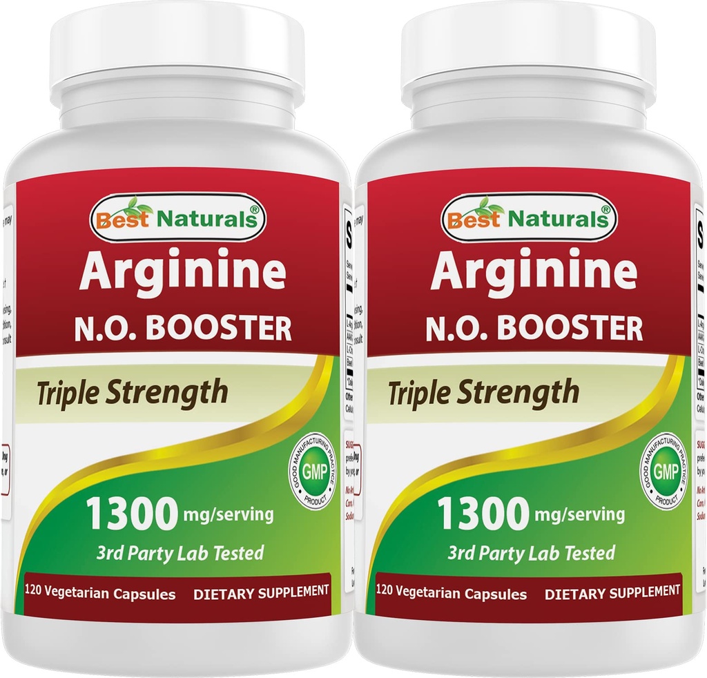 Mejores Naturales L-Arginina NO Booster Triple Fuerza 1300 mg Servir 120 Veg Capsules (120 Cuenta (Pack of 2))