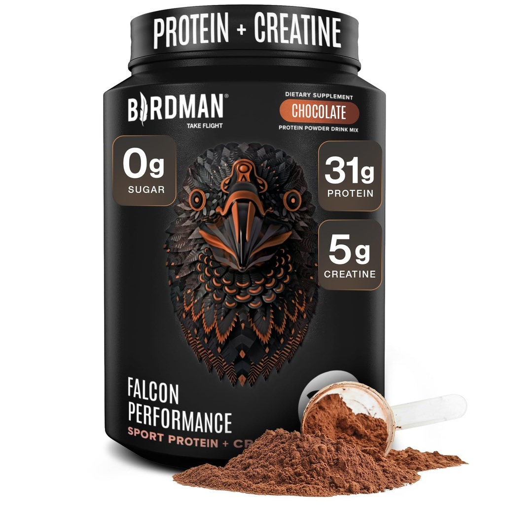 Birdman Falcon Performance Vegan Protein Powder, 31g Protein, 5g Creatine, 5g BCAA, Probiotics, Electrolytes, Pre Workout, Low Carb, Sugar Free &amp; Dairy Free, Plant Based Chocolate Protein -19 porciones
