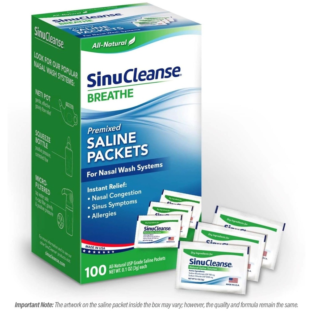 SinuCleanse Pre-Mixed Saline Packets for Sinus Rinse and Nasal Irrigation Systems, 100 Cuenta, Made in USA, All-Natural, Pharmaceutical Grade and PH Balanced