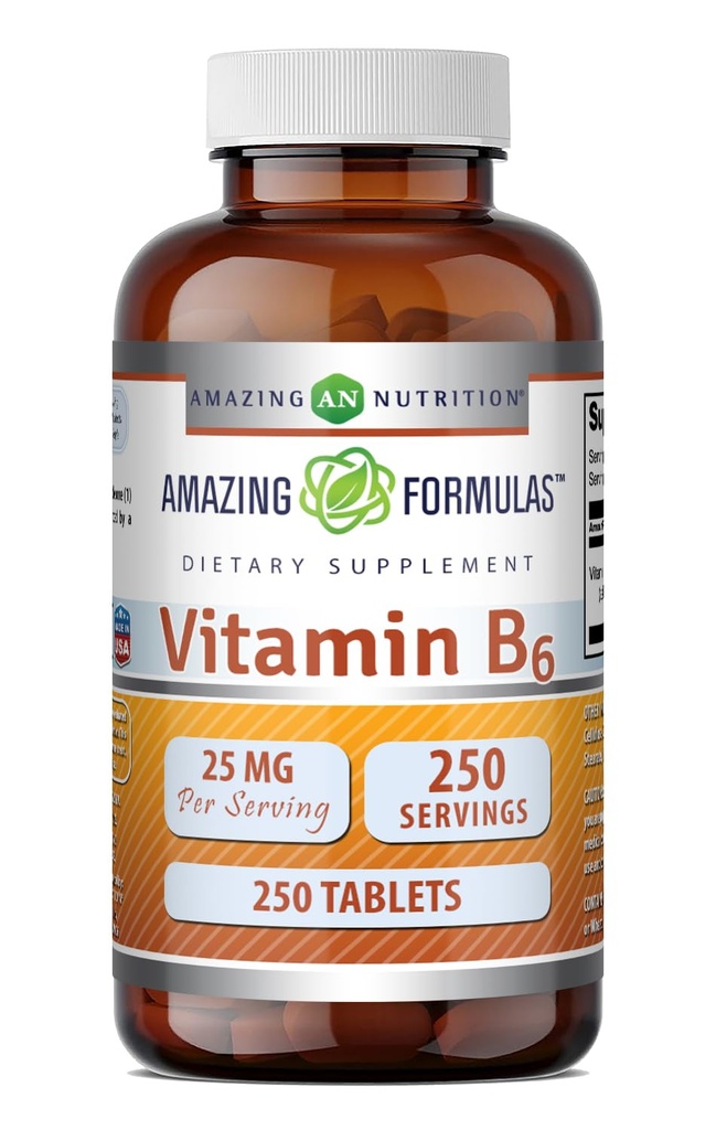Fórmulas asombrosas Vitamina B6 Piridoxina 25mg 250 Tablets Suplemento No TENIDO Gluten Gratis TENIDO EN USA